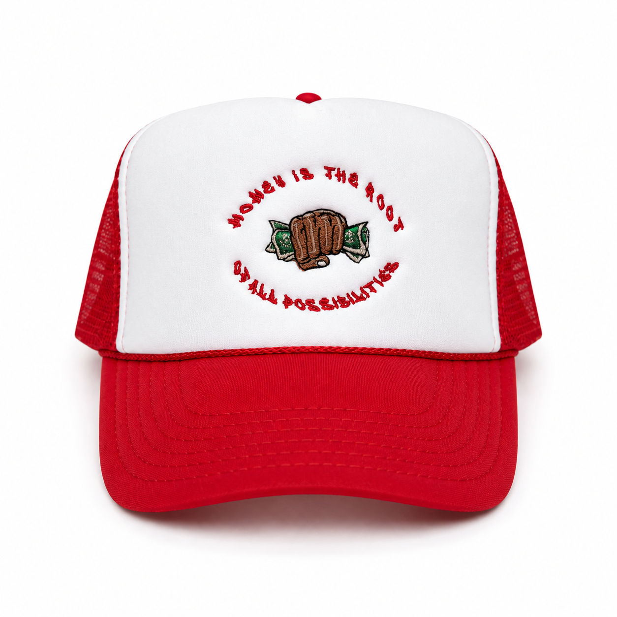 "Money Is the Root of All Possibilities" Trucker Hat (Red/White)