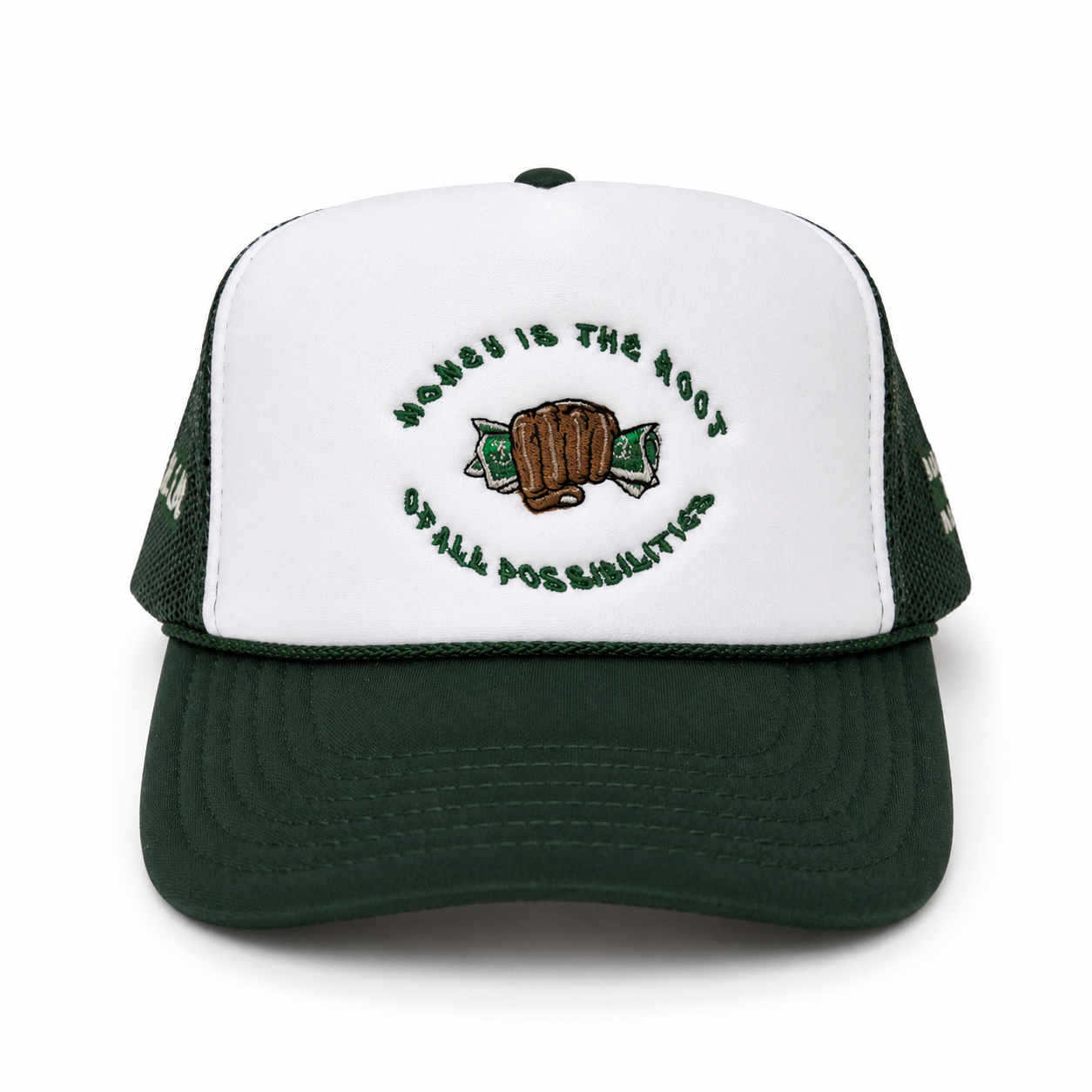 "Money Is the Root of All Possibilities" Trucker Hat (Green/Brown)