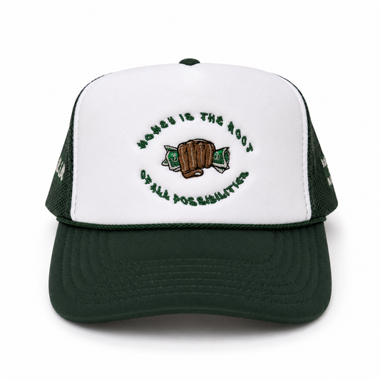 "Money Is the Root of All Possibilities" Trucker Hat (Green/Brown)