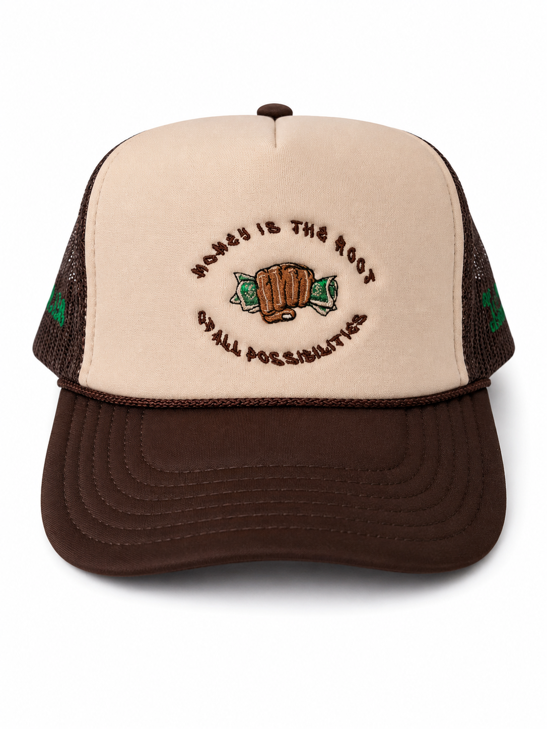 "Money Is the Root of All Possibilities" Trucker Hat (Brown/Green)