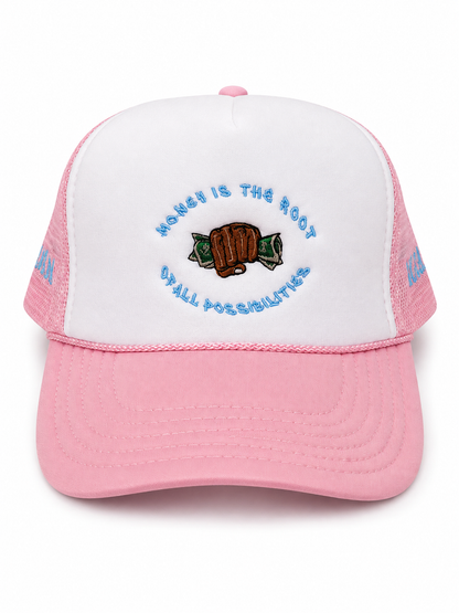 "Money Is the Root of All Possibilities" Trucker Hat (Pink/Blue)