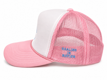 "Money Is the Root of All Possibilities" Trucker Hat (Pink/Blue)