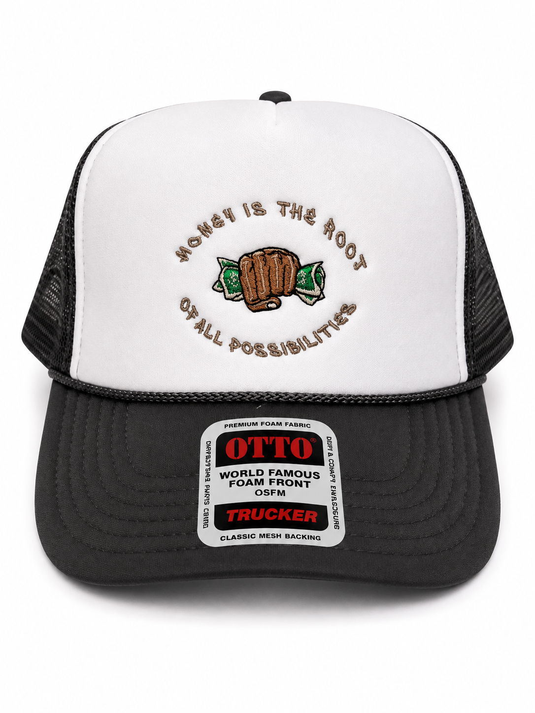 "Money Is the Root of All Possibilities" Trucker Hat (Gray/Brown)