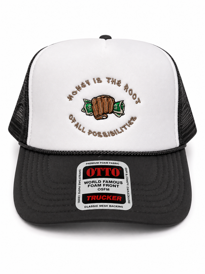"Money Is the Root of All Possibilities" Trucker Hat (Gray/Brown)