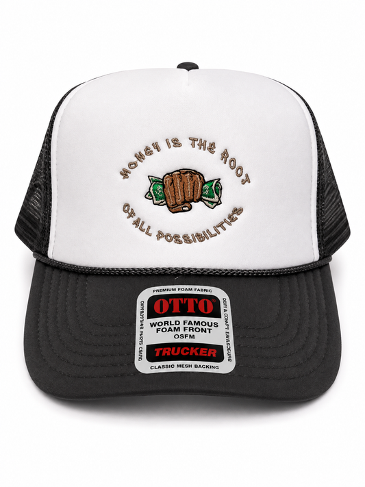 "Money Is the Root of All Possibilities" Trucker Hat (Gray/Brown)