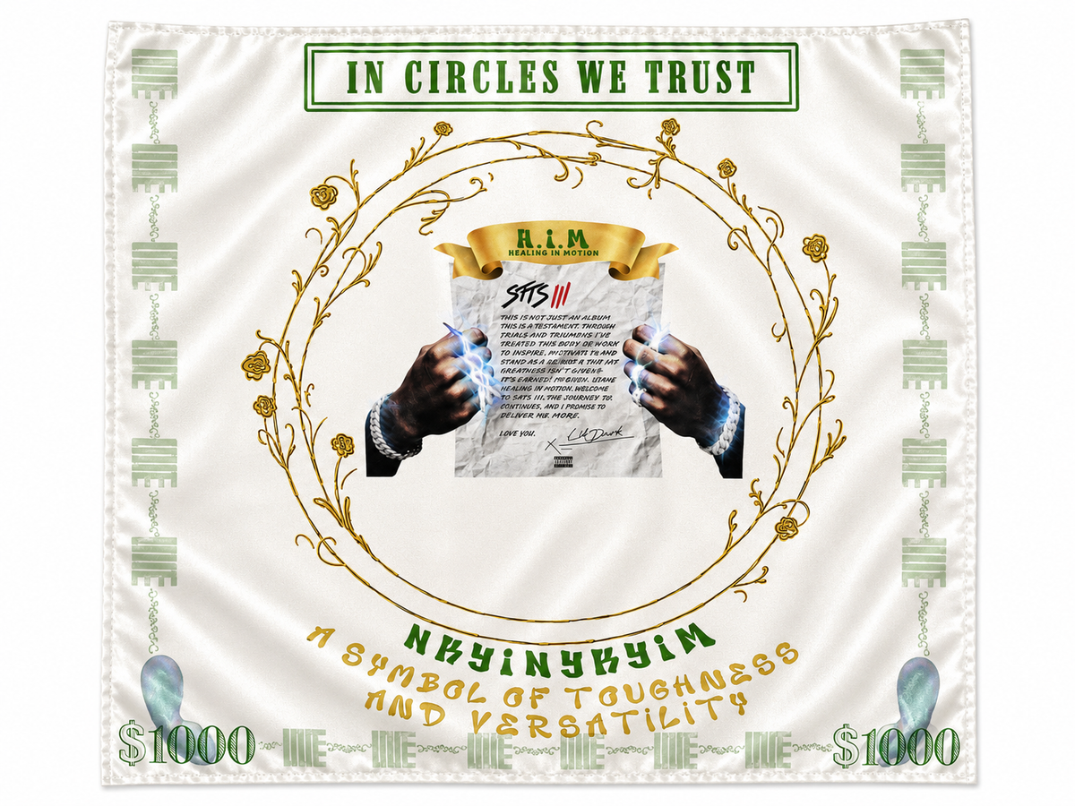 A square white satin scarf featuring a printed graphic design. The design includes a green banner at the top reading 'IN CIRCLES WE TRUST', a central gold circular frame enclosing a document held by two hands, decorative green side borders, and gold text at the bottom reading 'A SYMBOL OF TOUGHNESS AND VERSATILITY' along with '$1000' in the corners.